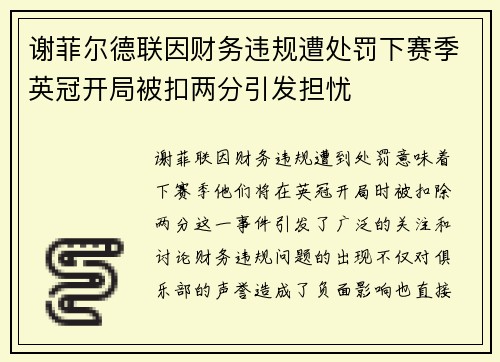 谢菲尔德联因财务违规遭处罚下赛季英冠开局被扣两分引发担忧